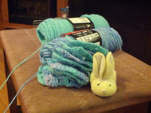 Yarn colors and one of my many stacks of squares