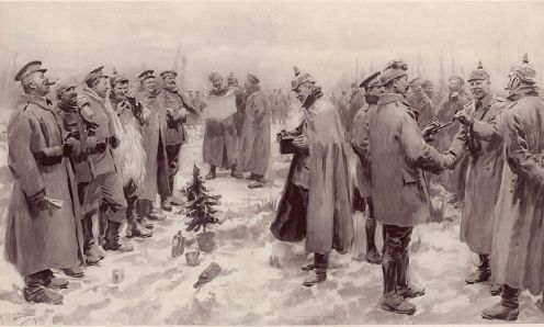 From The Illustrated London News of January 9, 1915: "British and German Soldiers Arm-in-Arm Exchanging Headgear: A Christmas Truce between Opposing Trenches"
